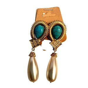Gold Plated FAUX Turquoise & FAUX Pearl Earrings for pierced ears